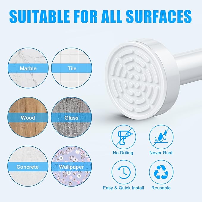 TEECK Shower Curtain Rod, 32-92 inch Adjustable Spring Tension Curtain Rod, Never Rust Anti-Slip Shower Curtain Rod for Bathroom, No Drilling, Never Collapse, Easy to Use, White