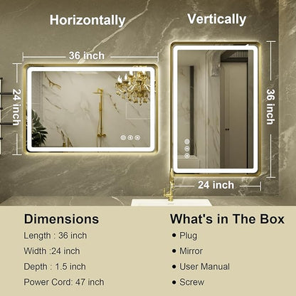24''x36'' Gold Framed LED Bathroom Mirror with Lights, Built-in Bluetooth Speaker, Dimmable Lighted Bathroom Vanity Mirror with 3 Colors, Backlit + Frontlit, Memory Function, Anti-Fog