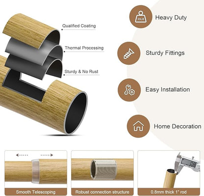 2 Pack Natural Light Wood Grain Curtain Rods for Windows 28 to 48 Inches 1" Diameter Heavy Duty Window Curtain Rod Adjustable with Solid Finials for Living Room Bedroom Kitchen Farmhouse Outdoor