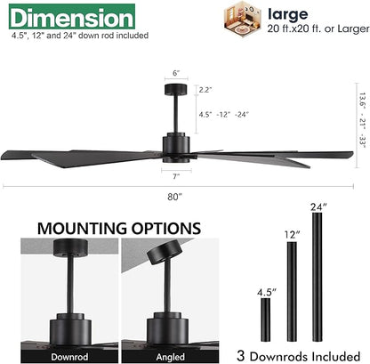 WINGBO 80" DC Ceiling Fan with Lights and 3 Downrods, Matte Black Ceiling Fan, 8 Plywood Blades, 6-Speed Reversible DC Motor, Large Ceiling Fans for Kitchen Bedroom Living Room