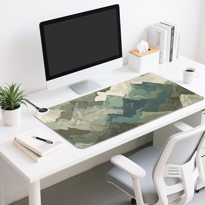 Heated Desk Pad Mouse Pad 31.5x13 Inch PU Leather Desk Mat with 3 Heat Levels Large Mouse Gaming Computer Laptop Mat Sage Green Camounflage Mountain