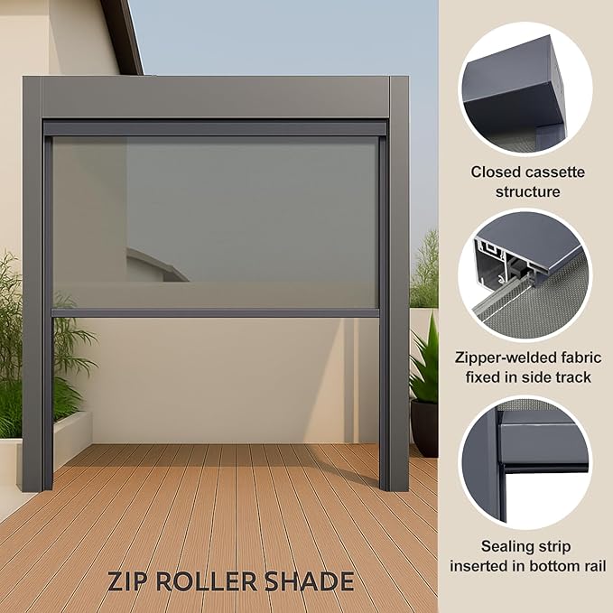 ZSHINE Hard-Wired Outdoor Snow Blocking Weatherproof Motorized Patio Roller Shades Remote Control for Porch Balcony Customized Size (Light Grey 30% Openness)