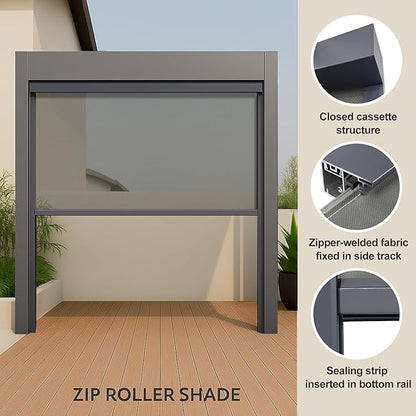 ZSHINE Hard-Wired Outdoor Snow Blocking Weatherproof Motorized Patio Roller Shades Remote Control for Porch Balcony Customized Size (Light Grey 30% Openness)