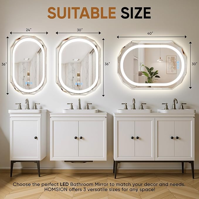30"X36" Oval LED Bathroom Mirror with Lights, Frameless Vanity LED Mirror for Bathroom with Beveled Edge, Backlit Anti-Fog, Dimmable, 3 Colors, Memory Function, Tempered Glass, Shatter-Proof