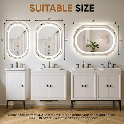 30"X40" Oval LED Bathroom Mirror with Lights, Frameless Vanity LED Mirror for Bathroom with Beveled Edge, Backlit Anti-Fog, Dimmable, 3 Colors, Memory Function, Tempered Glass, Shatter-Proof