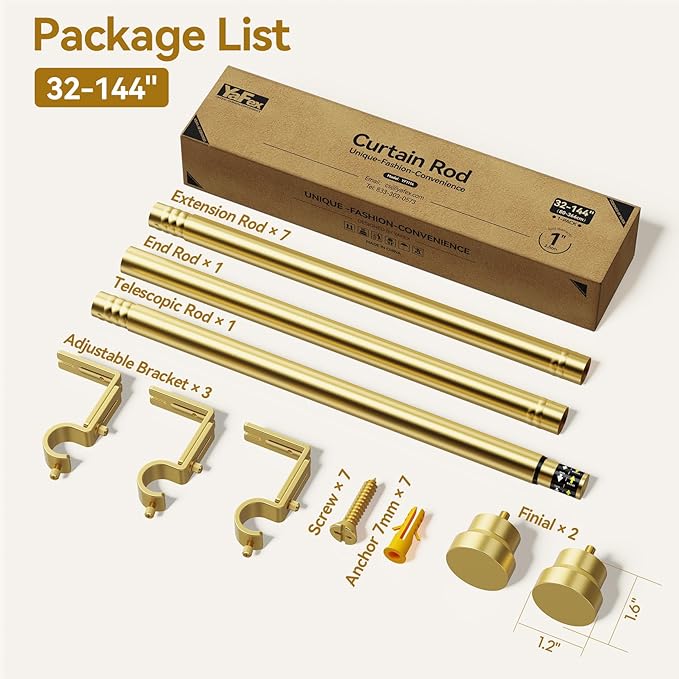 Curtain Rod 32-144 Inch, Heavy Duty 1 Inch Adjustable Curtain Rods for Windows, Gold Extra Long Window Treatment Rods, Modern Design, Easy Installation