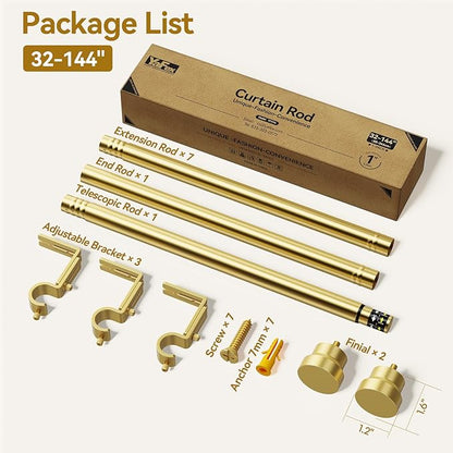 Curtain Rod 32-144 Inch, Heavy Duty 1 Inch Adjustable Curtain Rods for Windows, Gold Extra Long Window Treatment Rods, Modern Design, Easy Installation