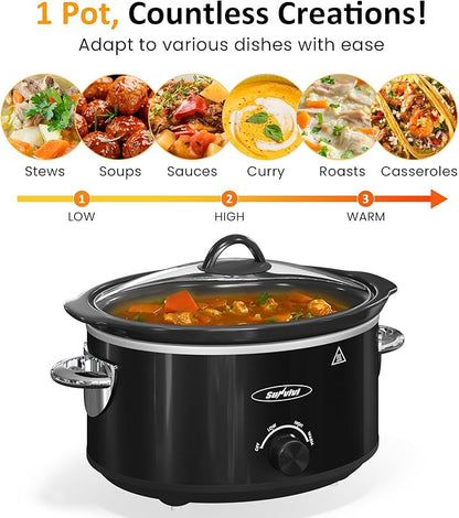 4QT Slow Cooker & Mini Food Warmer with Removable Ceramic Pot, 3 Heating Settings, Dishwasher Safe Glass Lid, Stainless Steel,Black