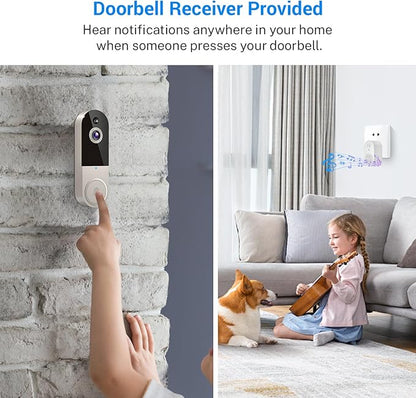 1080p Wireless Video Doorbell Camera with Indoor Receiver, AI Human Detection, 2-Way Audio, Night Vision, Cloud Storage, Real-Time Alerts, 2.4G Wi-Fi Only (Linen)