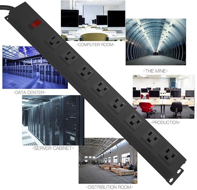 2Pack Metal 8 Outlet Mountable Power Strip, Wall Mount Outlet Heavy Duty, Wide Spaced Commercial Shop Power Strip with Switch, 10 FT SJT 14AWG Power Cord.