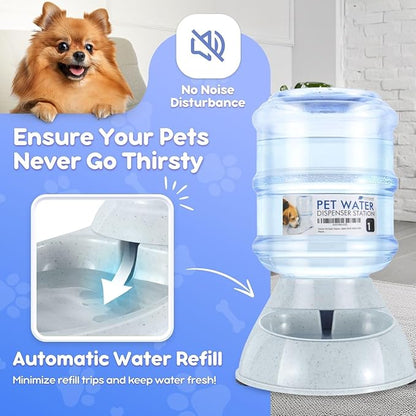 Flexzion Automatic Pet Feeder & Waterer Set of 2 Pack, Self Feeding Replenish Dog Cat Bowls, Gravity Food & Water Storage Container Fountain Jug Pet Supplies Plastic Skid Proof Rubber Feet (1 Gallon)