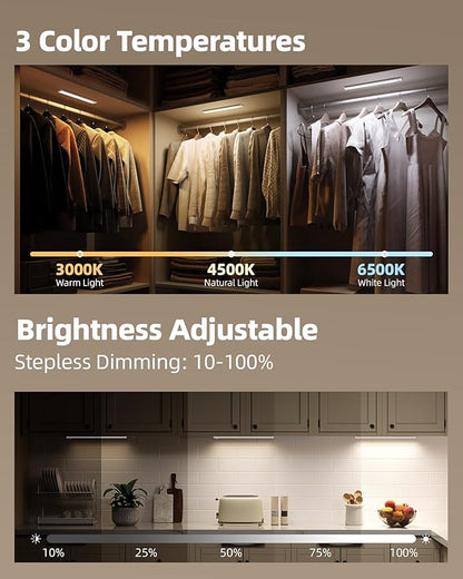 Under Cabinet Lighting Wireless,Rechargeable Battery Motion Sensor Light Indoor,LED Closet Lights USB Charging,3 Color Dimmable Under Cabinet Lights for Kitchen, Cabinet, Wardrobe (3 Pcs) 8inch
