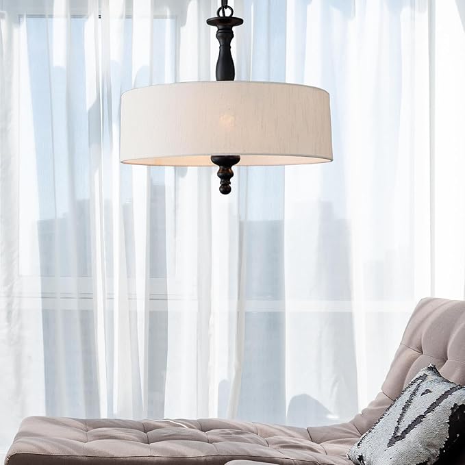 4 Light Drum Chandeliers, Beige Linen Drum Pendant Lighting Fixture with Black Metal Rod Adjustable Hanging Chain Ceiling Lights for Kitchen Island Dining Table Entryway Dia 17.3inch