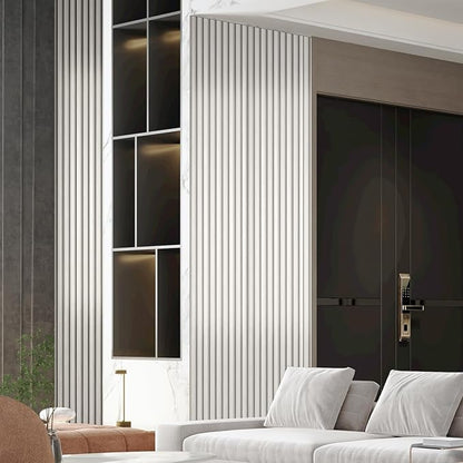 OUZUGIE WPC Acoustic Slat Wall Paneling, 8-Pack 114 x 6 Inches 3D Wall Panels for Interior Wall Decor,Living Room,TV Background,Study Room,Office Spaces,Bedroom,High Grille (Metallic Silver)