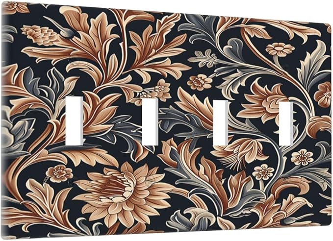 Light Switch Covers Vintage Grey Plant Leaves Brown Flowers Quad Toggle Electrical Faceplate 4 Gang Wall Plate Decorative Switch Plates for Bedroom Home Decor