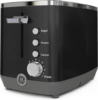 GE 2 Slice Black Stainless Steel Toaster, Extra Wide Slots for Toasting Bagels, Breads, Waffles & More, 7 Adjustable Shade Settings, Removable Crumb Tray, Countertop Kitchen Essentials, 850 Watts