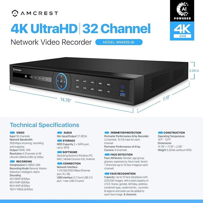 Amcrest 4K NV4232-EI-4TB 32CH AI NVR, Smart NVR, Facial Recognition, Facial Detection & Vehicle Detection - Supports 32 x 4K IP Cameras, Pre-Installed 4TB HDD (No PoE Ports Included)