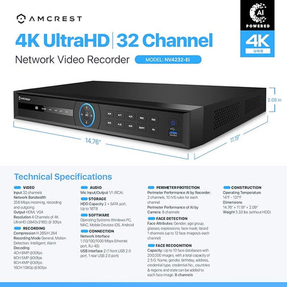 Amcrest 4K NV4232-EI-4TB 32CH AI NVR, Smart NVR, Facial Recognition, Facial Detection & Vehicle Detection - Supports 32 x 4K IP Cameras, Pre-Installed 4TB HDD (No PoE Ports Included)