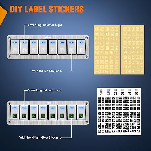 Nilight 8 Gang Rocker Switch Panel 3 Pin On Off Pre-Wired Blue LED Waterproof Aluminum with DIY Stickers for 12V 24V Automotive Cars Marine Boats UTV Truck Jeeps