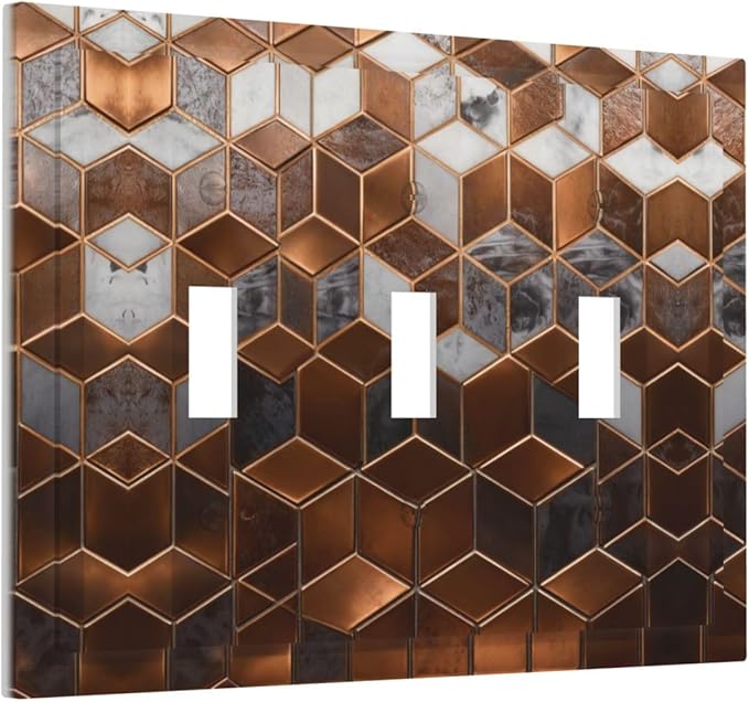Brown Abstract Luxury Modern Geometric Cubic Marble 3 Gang Triple Toggle Decorative Light Switch Covers Electrical Faceplate Switch Plates for Bathroom Kitchen Home