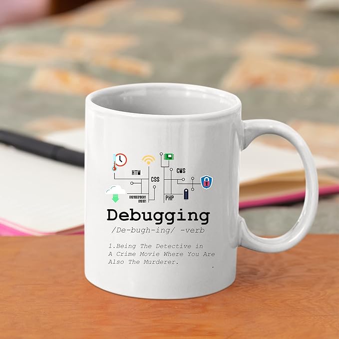 Panvola Debugging Definition Mug Funny Gift Computer Programmer Programming Coding Code IT Tech Support Coffee Ceramic Cup 11 oz (White)