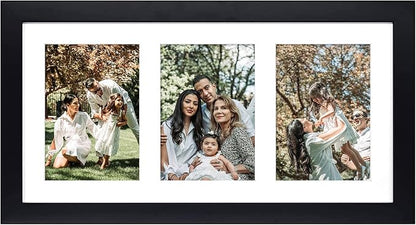 Golden State Art, 9x18 Black Wood Frame - White Mat for Three 5x7 Pictures - Sawtooth Hangers- Swivel Tabs - Wall Mounting - Landscape/Portrait - Real Glass - Collage Frame