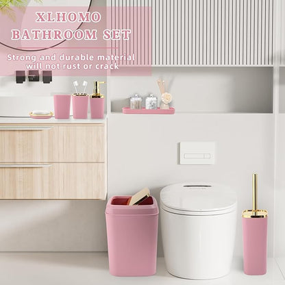 Pink and Gold Bathroom Accessories Set, Bathroom Sets with Shower Curtain, Pink Bathroom Accessories with Trash Can, Soap Dispenser, Soap Dish, Toilet Brush Holder, Qtip Holders for Bathroom
