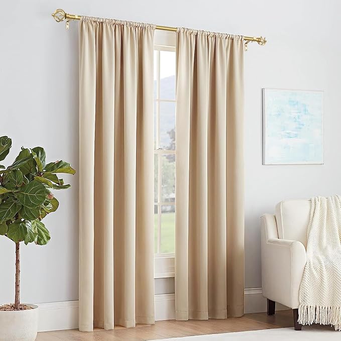 KAMANINA Gold Curtain Rod 32 to 58 Inch(2.6-4.8ft), Adjustable Curtain Rods for Windows 28 to 48 Inch, 3/4 Inch Splicing Drapery Rods with Twisted Cage Finial