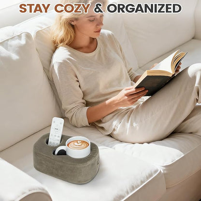 G GOOD GAIN Couch Cup Holder Pillow - Sofa & Bed Organizer Caddy for Drinks, Phones, Remotes, Snacks | Portable Tray for Car, Boat, RV, Picnic,Lightbrown