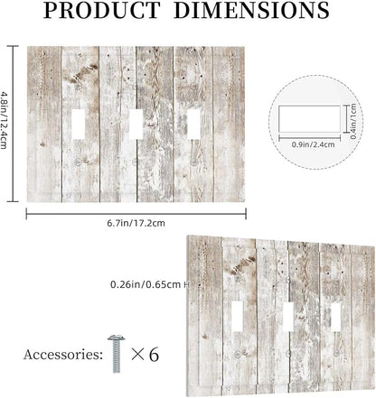 Vintage Light Wood Retro Rustic White Gray Oak Print Decorative Switch Plates 3 Gang Wall Plate Triple Toggle Light Switch Cover Faceplate Electrical Wall Panels for Farmhouse Home Decor