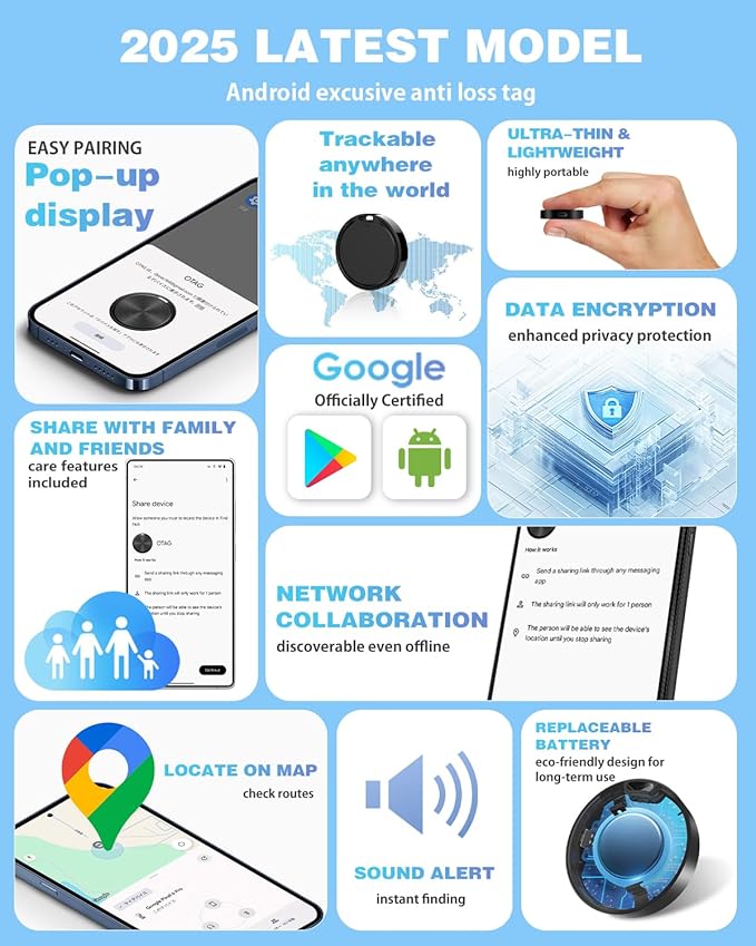 Air Tags for Android,Air Tags-4 Pack Android,Android Tracker Tags with 4 Case,2 Year Battery Life,Google Find Trackers for Google'S Find Hub App,IP65 Waterproof Luggage Tracker Android for Keys