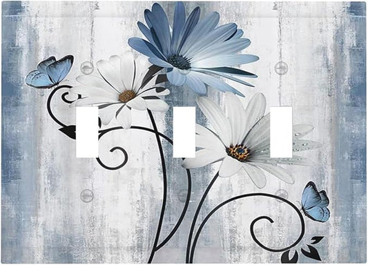 Decorative Light Switch Cover Plate Rustic Blue White Daisy Ink Flower 3 Gang Wall Plates for Electrical Outlets Triple Toggle Switch Plate Covers Outlet Covers Faceplate for Home Decor