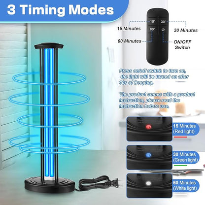 Qualirey 100W UV & Ozone Sanitizer with UV Light Glasses, High Power Room Disinfection Light with 3 Level Timer & Remote, Whole Room Disinfection for Large Spaces, Offices & Basements