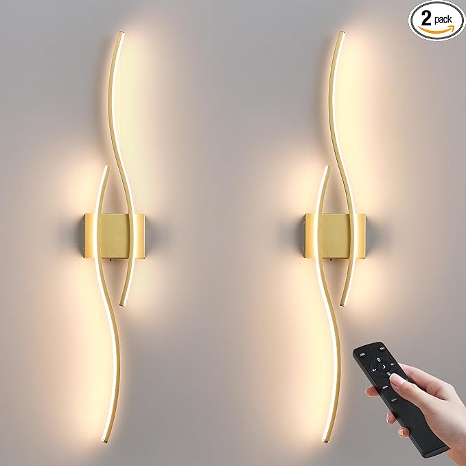 Battery Operated Wall Sconces Set of Two with Remote Control, Dimmable/3 Colors/Night-Light/Timer/Memory, Gold Modern Wireless LED Sconce for Living Room, Hallway, Bedroom, 39.3 Inch (2 Pack)