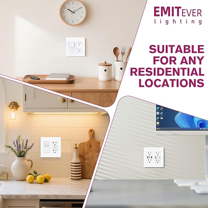 EMITEVER 2-Gang Screwless Decorator Wall Plate Cover for Receptacle Outlet & Light Switch, Standard Size 4.53"H x 4.53"W, Unbreakable Thermoplastic Faceplate, UL Listed, Matte White 5-Pack