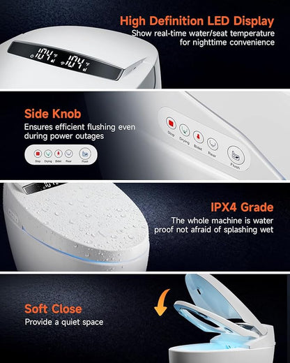 WANSID Smart Toilet,Advance Bidet with Heated Seat Smart with Bidet Built In,Tankless Toilet with Warm Water Sprayer and Dryer, Foot Sensor Operation,LED Display