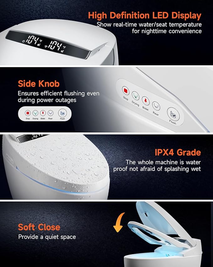 WANSID Smart Toilet with Bidet Built in, Bidet Toilet with Auto Open/Close Lid, Foot Sensor Operation, 1.28GPF, Heated Seat & Instant Warm Water Dryer, Tankless One Piece Electric Toilet