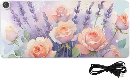 Large Heated Mouse Pad,Leather Desk Mat,31.5"x13",Hand Warmer Pads for Desk,Lavender Rose(Morandi)