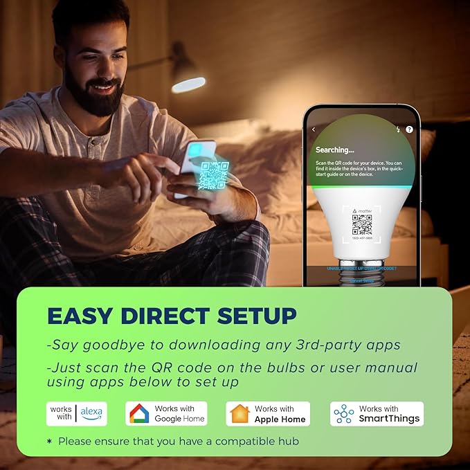 Matter Smart Light Bulbs 100W Equiv, Compatible with Alexa/Apple Home/Siri/Google Home/SmartThings, A19 E26 WiFi RGBCW Color Changing Light Bulb, 11W 1350LM, 2.4G WiFi, ETL Listed, 2PCS