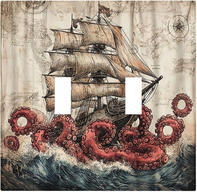Decorative Switch Plates Vintage Octopus Ocean Sailboat Bizarre Adventure 2 Gang Double Toggle Wall Plate Outlet Light Switch Cover Electrical Faceplate for Bathroom Kids room Decor