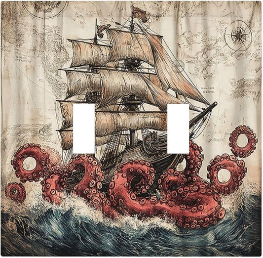 Decorative Switch Plates Vintage Octopus Ocean Sailboat Bizarre Adventure 2 Gang Double Toggle Wall Plate Outlet Light Switch Cover Electrical Faceplate for Bathroom Kids room Decor