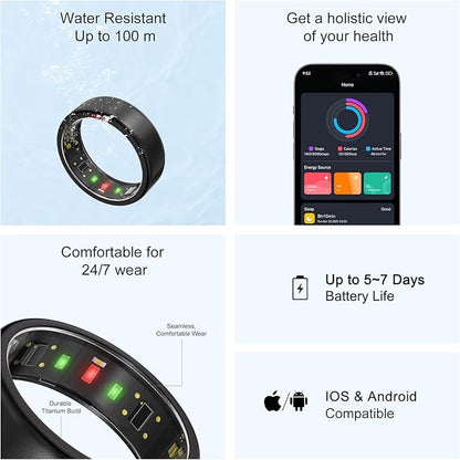 Ring OnePlus - Ultra-Thin Titanium Smart Ring - 7 Days Battery Life - Fitness/SPO₂/Stress/HR/Sleep Skin Temperature Tracker - No App Fee - iOS&Android Compatible (Black,Size 8)