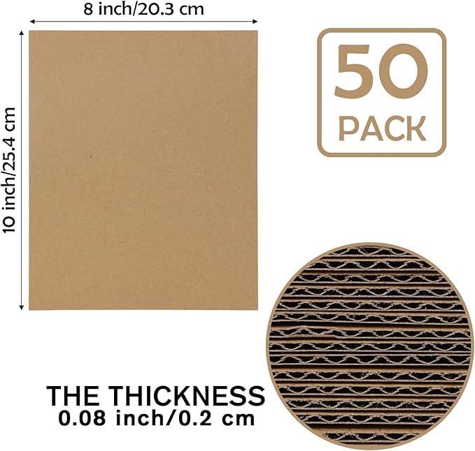 Calenzana 8x10 Corrugated Cardboard Sheets Set of 50, Flat Card Boards Inserts for Crafts, Packing, Shipping, Moving, Mailing