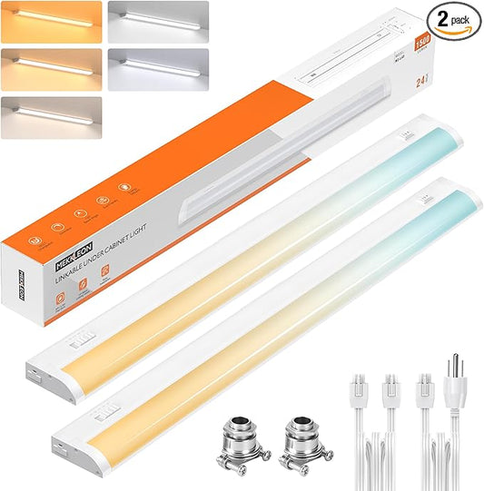 24inch Linkable Under Cabinet Lighting Hardwired Plug-in, Wired led Under Cabinet Lights with 5 CCT (2700/3000/3500/4000/5000) & Dimmable, Under Counter Lights for Kitchen, 15W, 1500LM, 2 Pack