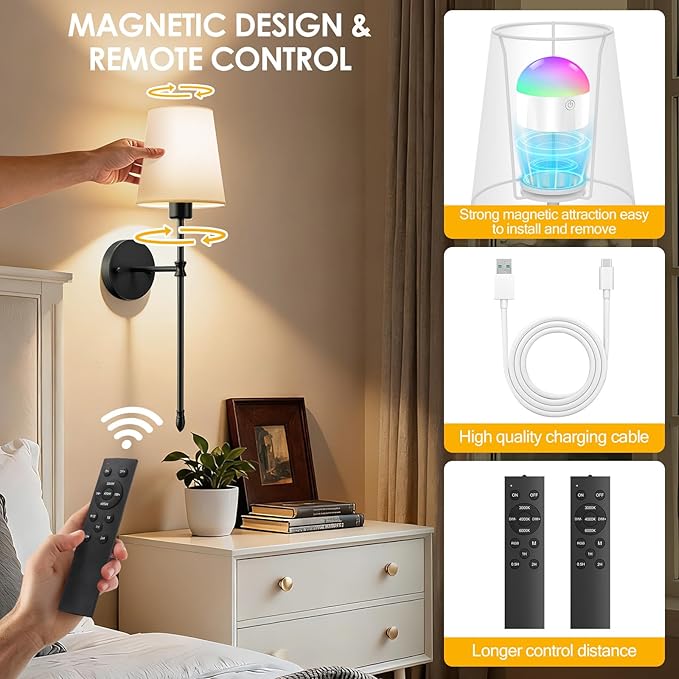 OCATO Battery Operated Wall Sconce: 10000mAh Wireless Wall Sconces Set of Two Rechargeable Lamp Dimmable Magnetic Lights with 7 RGB Colors and Remote Home Decor Walls Decor for Bedroom Living Room