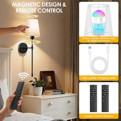 OCATO Battery Operated Wall Sconce: 10000mAh Wireless Wall Sconces Set of Two Rechargeable Lamp Dimmable Magnetic Lights with 7 RGB Colors and Remote Home Decor Walls Decor for Bedroom Living Room