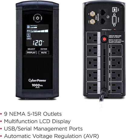 CyberPower CP1000AVRLCD Intelligent LCD UPS Battery Backup and Surge Protector, 1000VA/600W, 9 Outlets, AVR, Mini-Tower, UL Certified