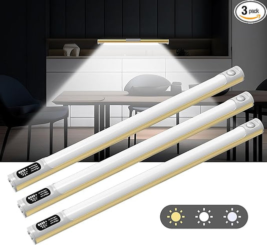 64 LED Under Cabinet Lights, 3 Color Dimmable Motion Sensor Indoor Closet Lights, 3600mAh Rechargeable Under Counter Light for Kitchen, 14 Inch Wireless Battery Operated Night Lighting