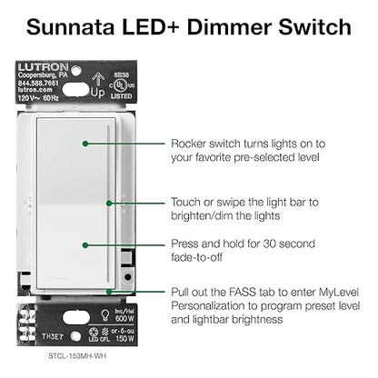 Lutron Sunnata Touch Dimmer Light Switch, LED+ Advanced Technology for LED and Incandescent, 3 Way/Multi Location, STCL-153M-IV, Ivory