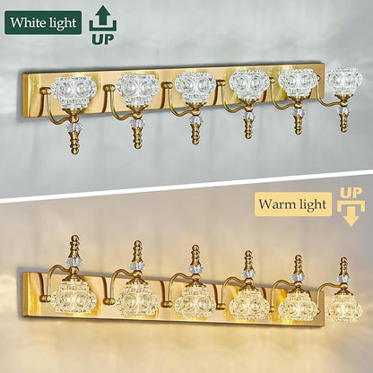 Modern Glass Crystal Vanity Light - Vintage Bathroom Lighting Fixtures Over Mirror 6 Light Vanity Lights G9 Bulb (43.3 Inch, Gold)